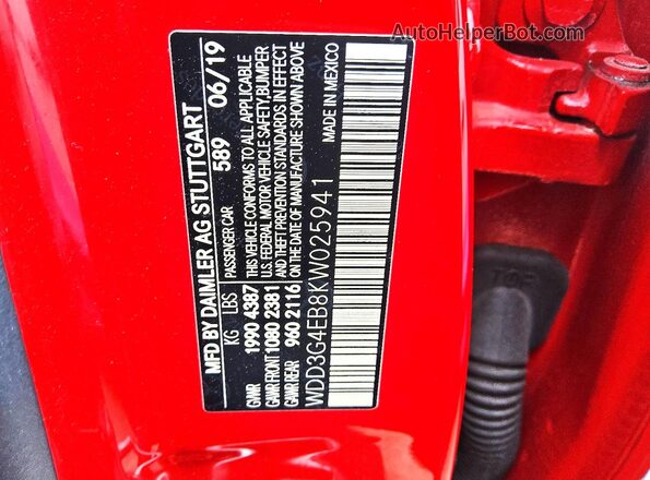 WDD3G4EB8KW025941 2019 MERCEDES-BENZ A Red Widok komory silnika