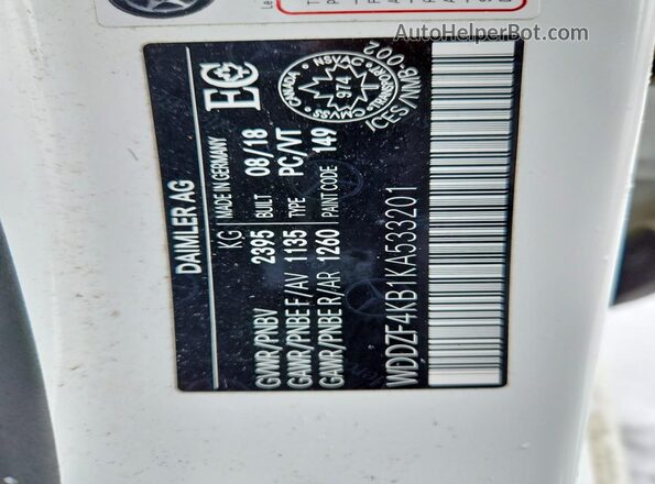 WDDZF4KB1KA533201 2019 MERCEDES-BENZ E White VIN sticker view