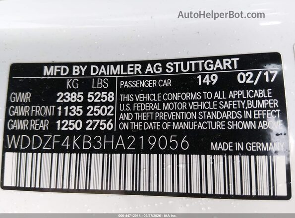 WDDZF4KB3HA219056 2017 MERCEDES-BENZ E-CLASS Белый Вид подкапотного пространства