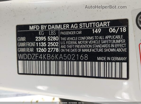 WDDZF4KB6KA502168 2019 MERCEDES-BENZ E-CLASS White Вид підкапотного простору