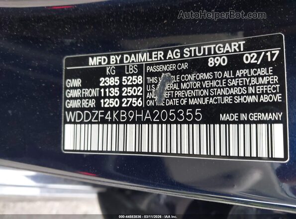 WDDZF4KB9HA205355 2017 MERCEDES-BENZ E-CLASS Синий Вид подкапотного пространства