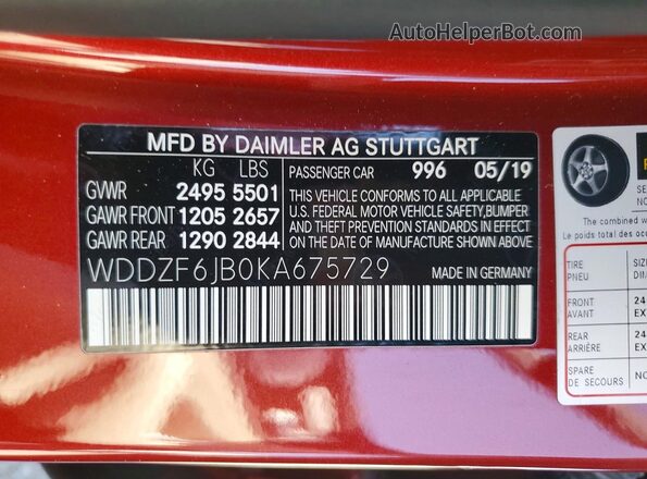 WDDZF6JB0KA675729 2019 MERCEDES-BENZ E Red VIN კოდის სტიკერის ხედი
