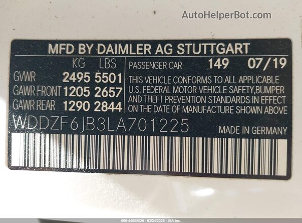 WDDZF6JB3LA701225 2020 MERCEDES-BENZ E-CLASS White Widok komory silnika