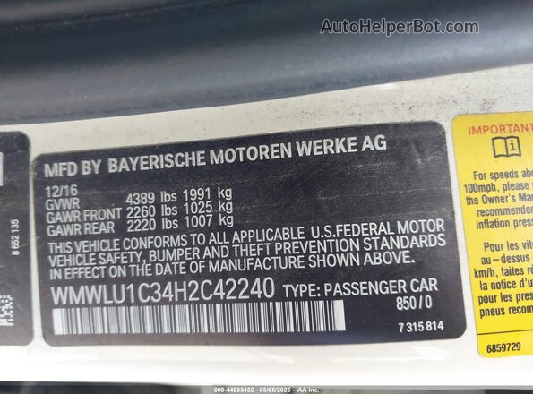 WMWLU1C34H2C42240 2017 MINI CLUBMAN Кремовый Вид подкапотного пространства
