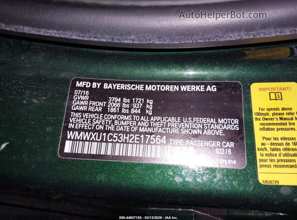 WMWXU1C53H2E17564 2017 MINI HARDTOP Green Widok komory silnika
