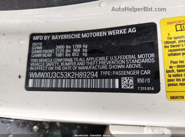 WMWXU3C53K2H89294 2019 MINI HARDTOP White Widok komory silnika