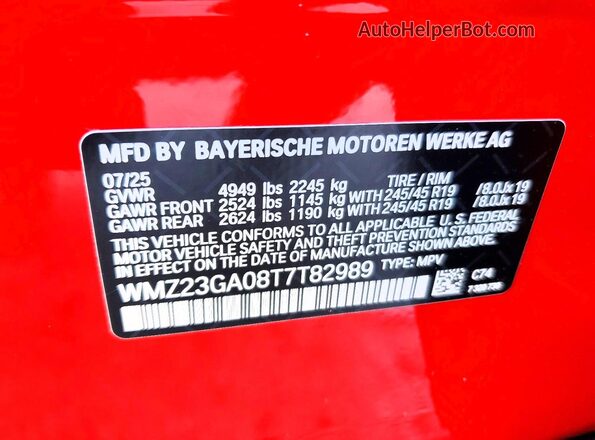 WMZ23GA08T7T82989 2026 MINI COUNTRYMAN Red Widok naklejki z numerem VIN