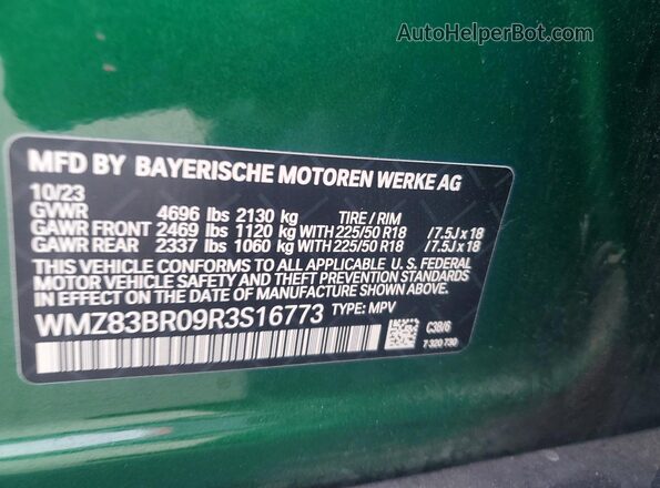 WMZ83BR09R3S16773 2024 MINI COOPER Зеленый Вид наклейки с VIN-кодом
