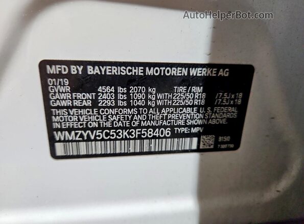 WMZYV5C53K3F58406 2019 MINI COOPER Белый Вид наклейки с VIN-кодом