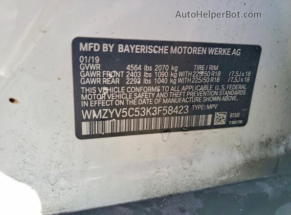 WMZYV5C53K3F58423 2019 MINI COOPER White Widok naklejki z numerem VIN