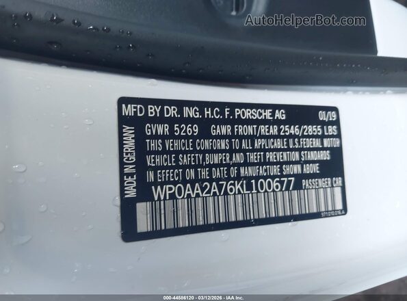 WP0AA2A76KL100677 2019 PORSCHE PANAMERA White Вид підкапотного простору