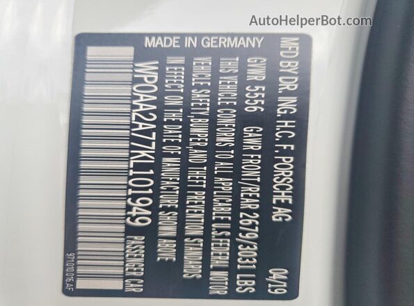 WP0AA2A77KL101949 2019 PORSCHE PANAMERA Белый Вид подкапотного пространства