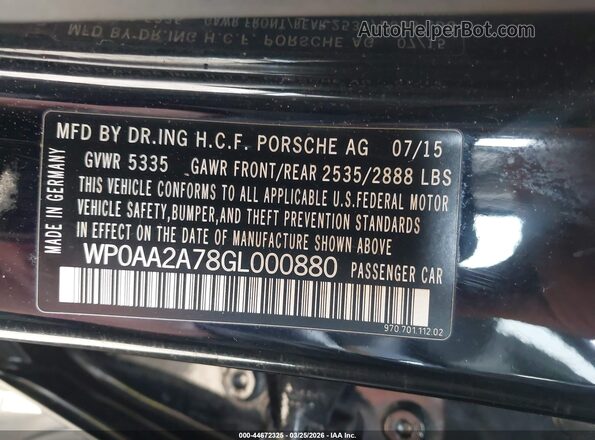 WP0AA2A78GL000880 2016 PORSCHE PANAMERA Black Вид підкапотного простору