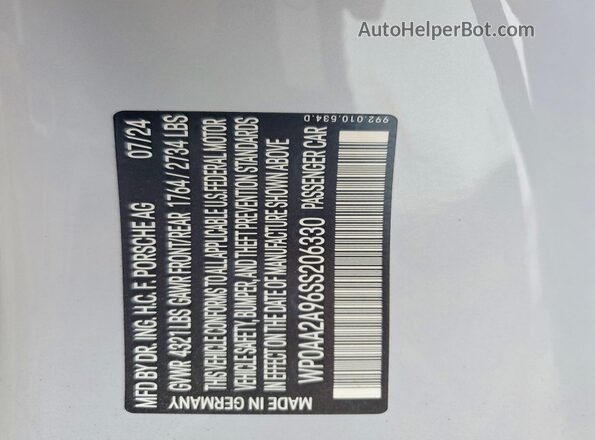 WP0AA2A96SS206330 2025 PORSCHE 911 Серый Вид подкапотного пространства