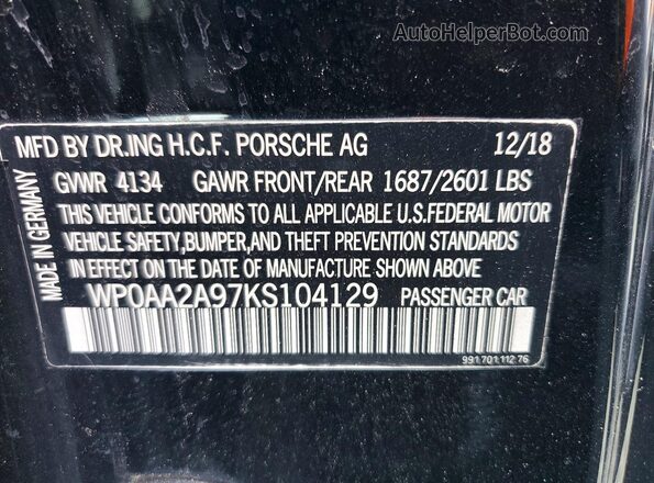 WP0AA2A97KS104129 2019 PORSCHE 911 Black Vista del compartimento del motor