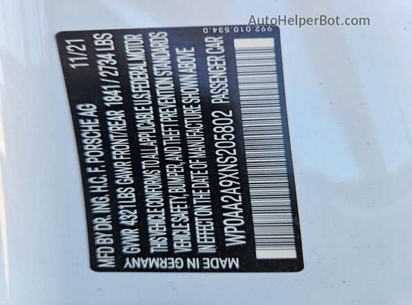 WP0AA2A9XNS205802 2022 PORSCHE 911 Белый Вид наклейки с VIN-кодом