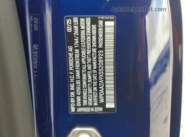 WP0AA2A9XSS208923 2025 PORSCHE 911 Blue Widok komory silnika