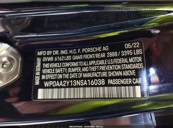 WP0AA2Y13NSA16038 2022 PORSCHE TAYCAN Black Вид підкапотного простору