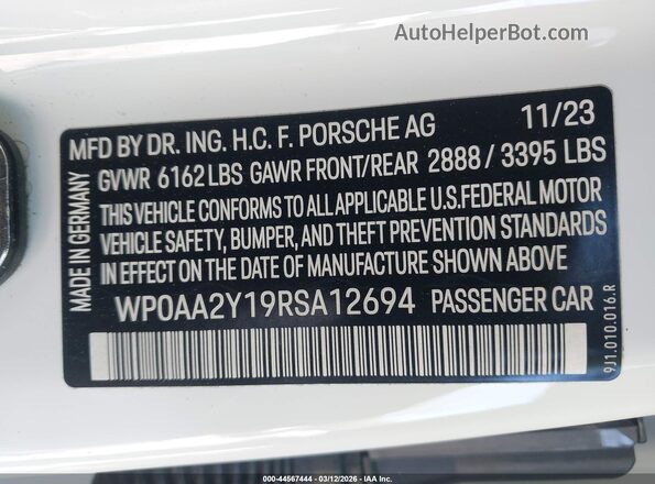 WP0AA2Y19RSA12694 2024 PORSCHE TAYCAN White Engine compartment view
