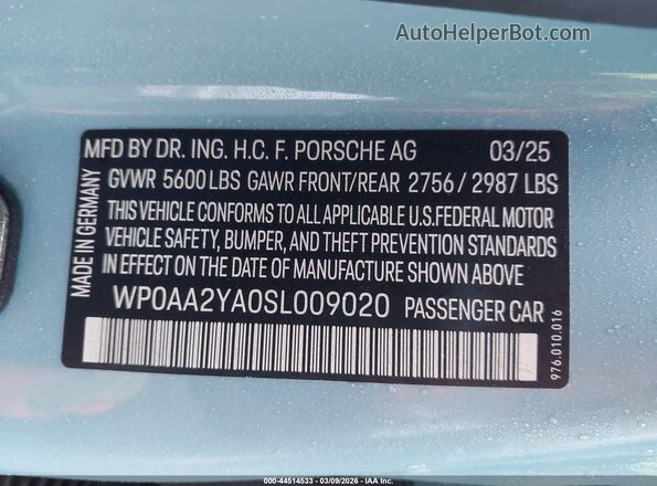 WP0AA2YA0SL009020 2025 PORSCHE PANAMERA Light Blue Vista del compartimento del motor