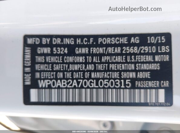 WP0AB2A70GL050315 2016 PORSCHE PANAMERA Белый Вид подкапотного пространства