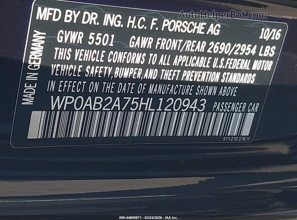 WP0AB2A75HL120943 2017 PORSCHE PANAMERA Черный Вид подкапотного пространства