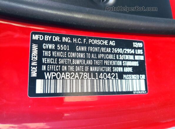 WP0AB2A78LL140421 2020 PORSCHE PANAMERA Красный Вид наклейки с VIN-кодом