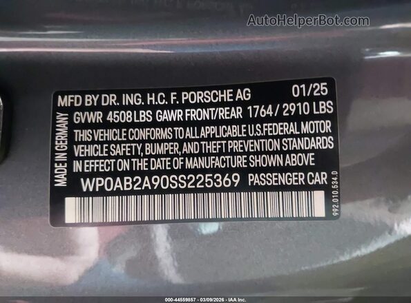 WP0AB2A90SS225369 2025 PORSCHE 911 Серый Вид подкапотного пространства
