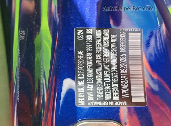WP0AB2A91RS220286 2024 PORSCHE 911 Синий Вид наклейки с VIN-кодом