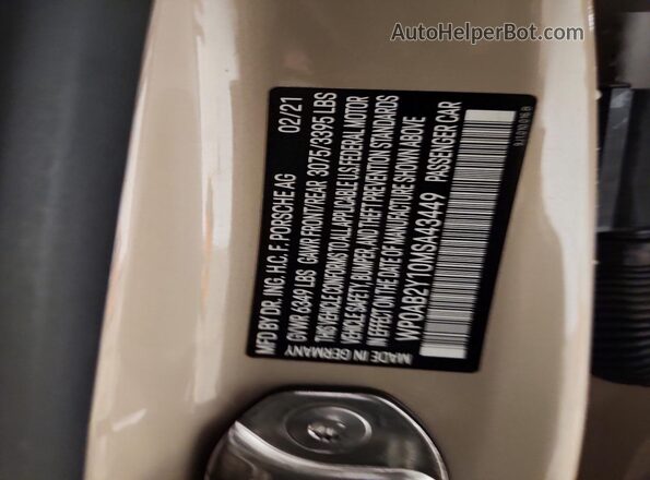 WP0AB2Y10MSA43449 2021 PORSCHE TAYCAN Beige Widok naklejki z numerem VIN