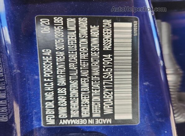 WP0AB2Y17LSA51904 2020 PORSCHE TAYCAN Синий Вид подкапотного пространства