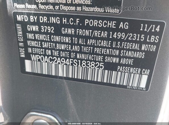 WP0AC2A94FS183825 2015 PORSCHE 911 Gray Widok komory silnika