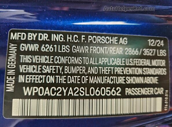 WP0AC2YA2SL060562 2025 PORSCHE PANAMERA Синий Вид наклейки с VIN-кодом