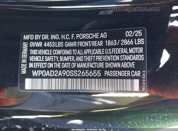 WP0AD2A90SS265655 2025 PORSCHE 911 Черный Вид подкапотного пространства