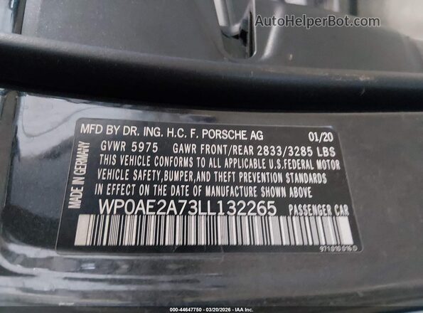 WP0AE2A73LL132265 2020 PORSCHE PANAMERA E-HYBRID Blue Vista del compartimento del motor