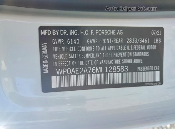 WP0AE2A76ML128583 2021 PORSCHE PANAMERA Белый Вид наклейки с VIN-кодом