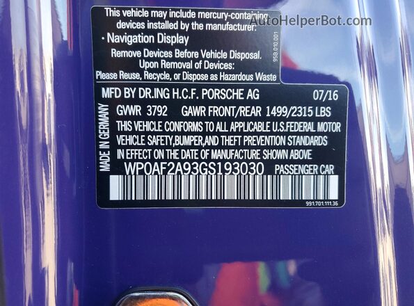 WP0AF2A93GS193030 2016 PORSCHE 911 Purple Вид підкапотного простору
