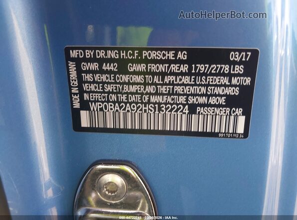 WP0BA2A92HS132224 2017 PORSCHE 911 Light Blue Вид подкапотного пространства