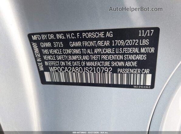 WP0CA2A80JS210792 2018 PORSCHE 718 BOXSTER Silver Vista del compartimento del motor