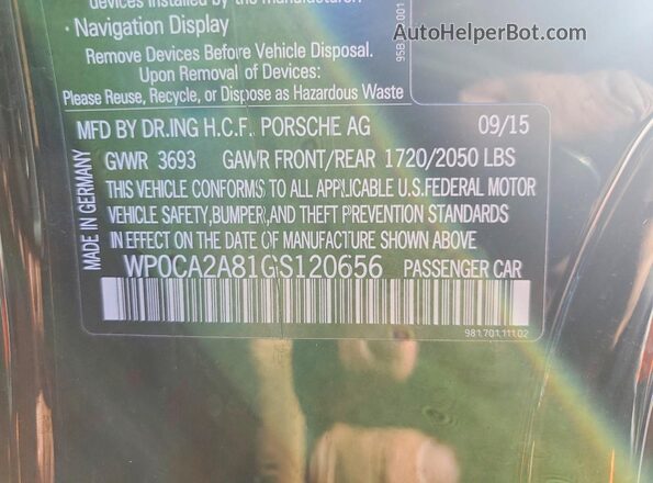 WP0CA2A81GS120656 2016 PORSCHE BOXSTER Черный Вид подкапотного пространства