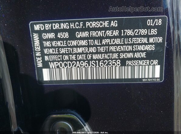 WP0CD2A96JS162358 2018 PORSCHE 911 Black ძრავის განყოფილების ხედი