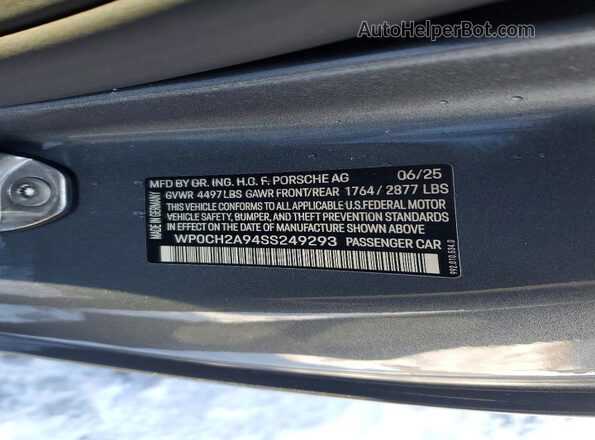 WP0CH2A94SS249293 2025 PORSCHE 911 Серый Вид наклейки с VIN-кодом