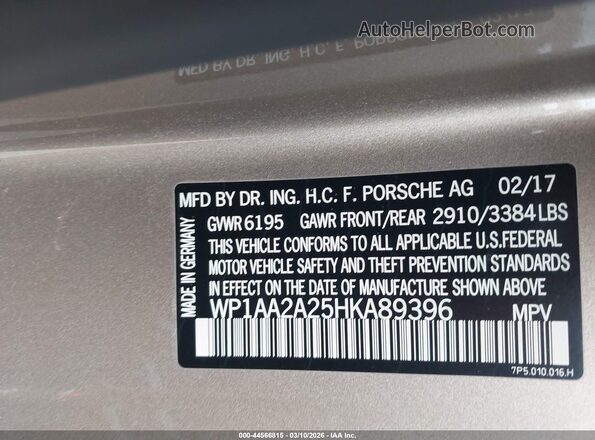 WP1AA2A25HKA89396 2017 PORSCHE CAYENNE Champagne ძრავის განყოფილების ხედი