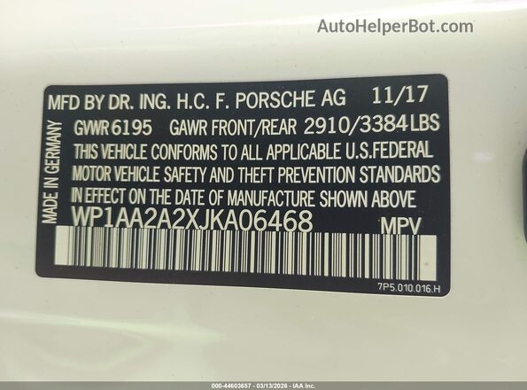 WP1AA2A2XJKA06468 2018 PORSCHE CAYENNE Белый Вид подкапотного пространства