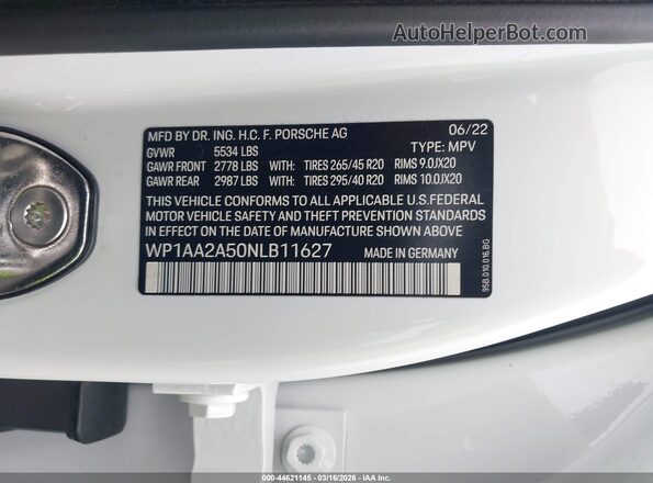 WP1AA2A50NLB11627 2022 PORSCHE MACAN Белый Вид подкапотного пространства