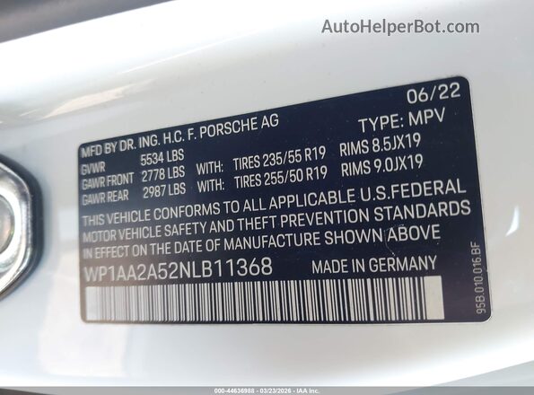 WP1AA2A52NLB11368 2022 PORSCHE MACAN White Widok komory silnika