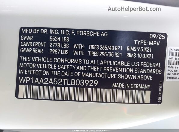 WP1AA2A52TLB03929 2026 PORSCHE MACAN Белый Вид подкапотного пространства