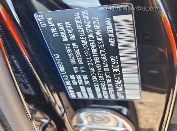 WP1AA2A54TLB00692 2026 PORSCHE MACAN Черный Вид наклейки с VIN-кодом