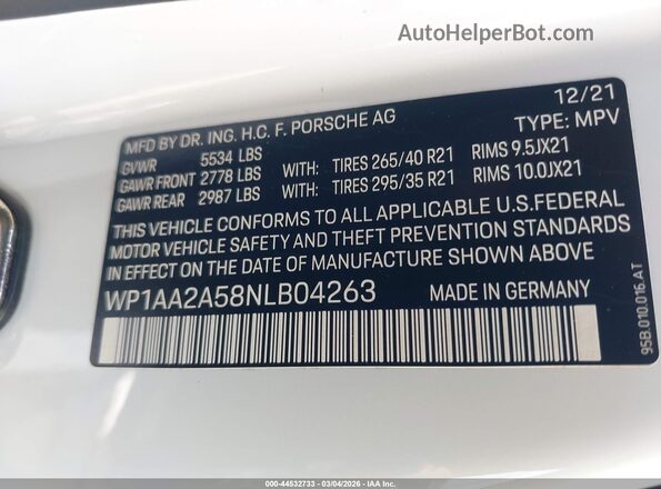 WP1AA2A58NLB04263 2022 PORSCHE MACAN Белый Вид подкапотного пространства
