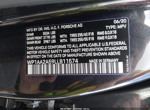 WP1AA2A59LLB11574 2020 PORSCHE MACAN Gray Widok komory silnika